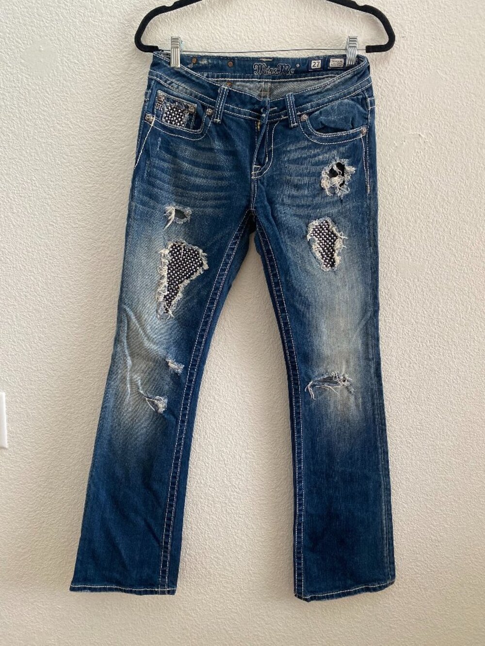 MISS ME Easy Boot Jeans Rhinestones Flap Pocket Size 27 x 32 JE5422EL Distressed